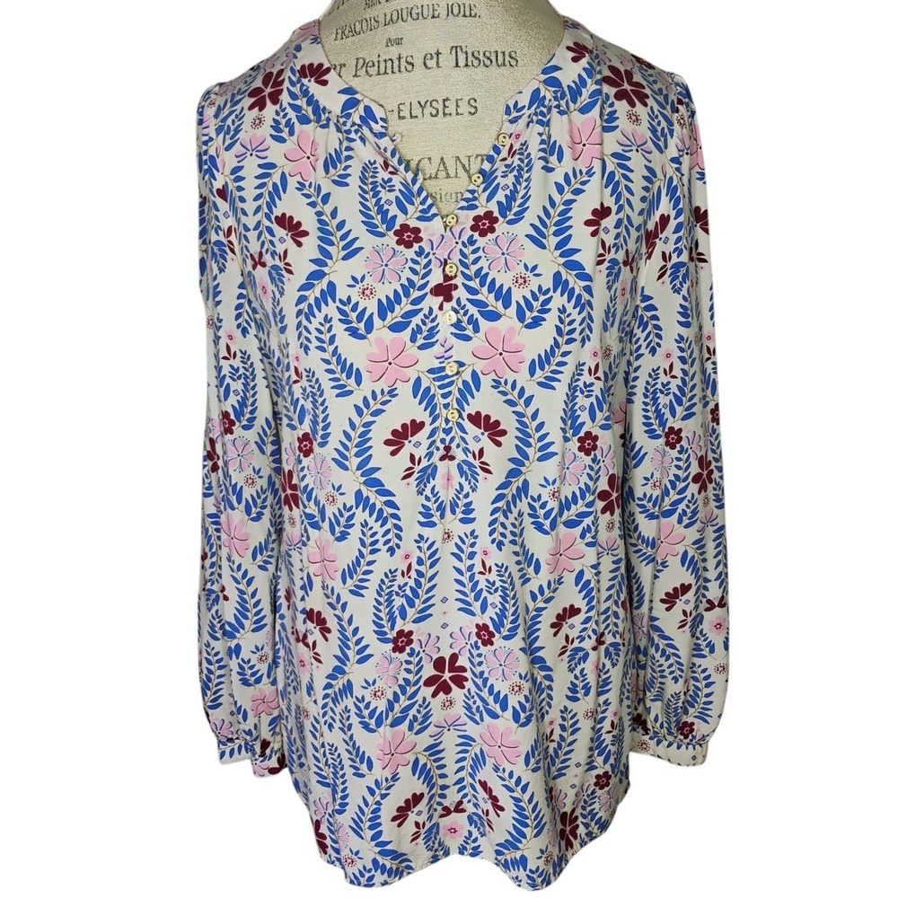 Talbots Popover‎ Top Womens Large White Pink Floral Long Sleeve Feminine